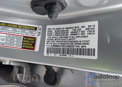 2013 Honda Cr-V Ex-L from USA, damaged, VIN 5J6RM4H78DL048509